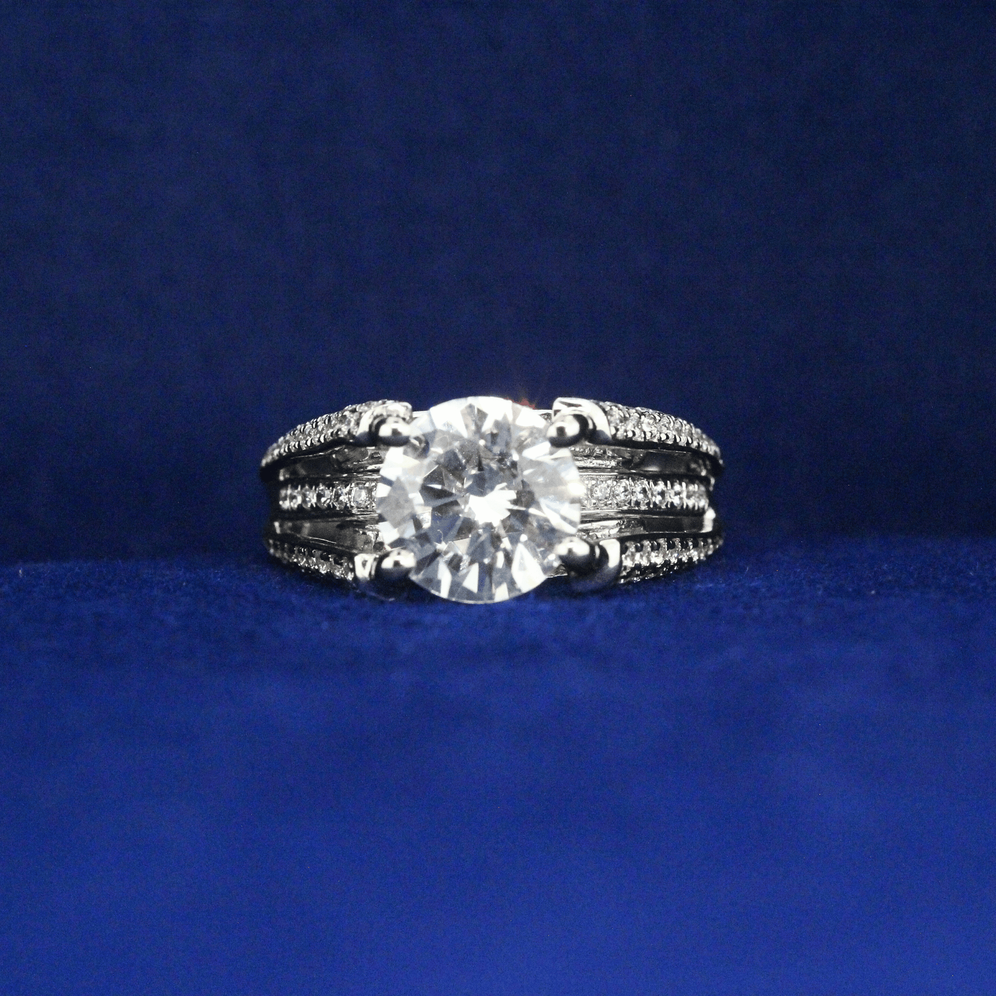 Front view of Three Layer Solitaire Ring with Moissanite diamonds – Fine jewelry

