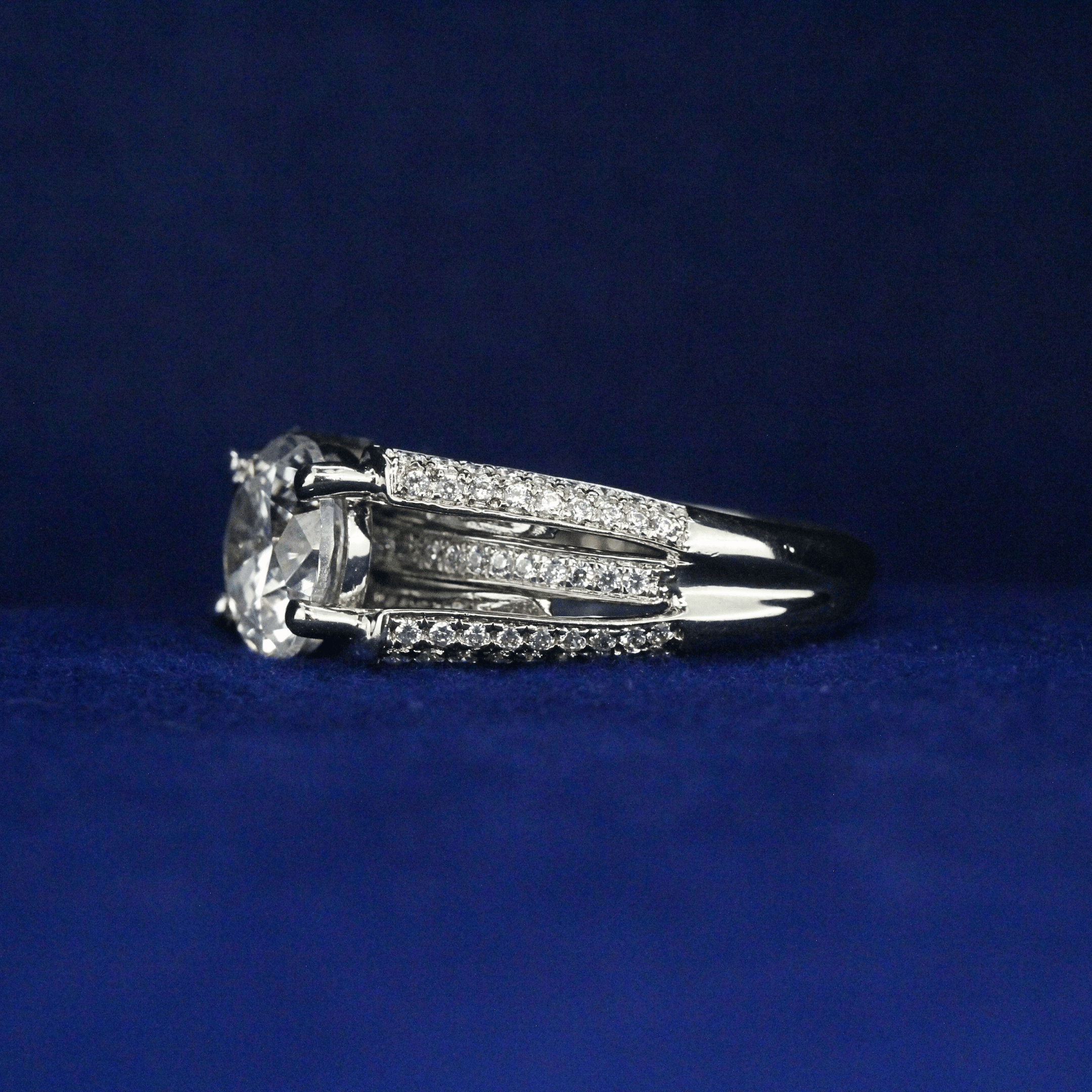 Left side view of Three Layer Solitaire Ring with Moissanite diamonds – Fine jewelry

